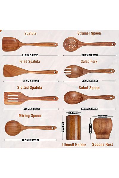 COOYA Wooden Spoons for Cooking, 9 Pcs Wooden Utensils with Holder, Wooden Utensils for Cooking