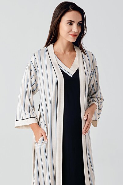 Artış Short Sleeve Striped Stretchy Linen Effect Viscose Maternity Dressing Gown Nightgown Set