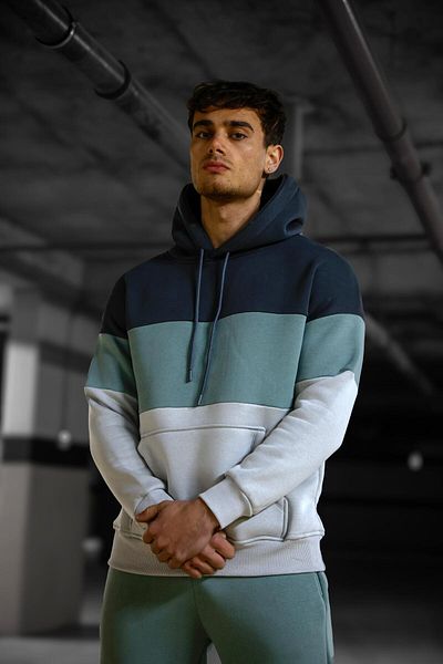Pobudo Oversize Water Green Color Smoked Stripe Hooded Tracksuit Set