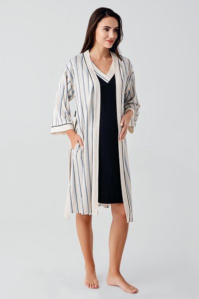 Artış Short Sleeve Striped Stretchy Linen Effect Viscose Maternity Dressing Gown Nightgown Set