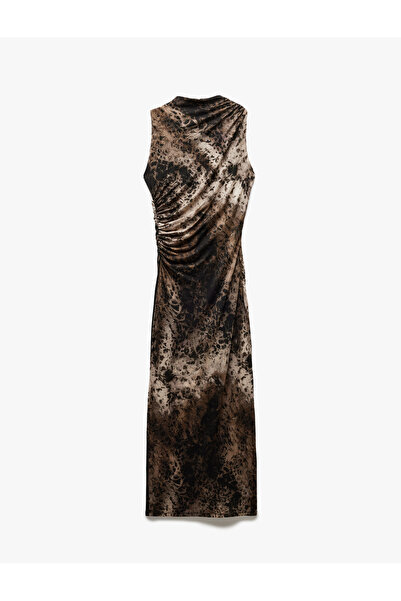 Koton Drape Detaylı Yırtmaçlı Kolsuz Uzun Viskon Leopar Elbise