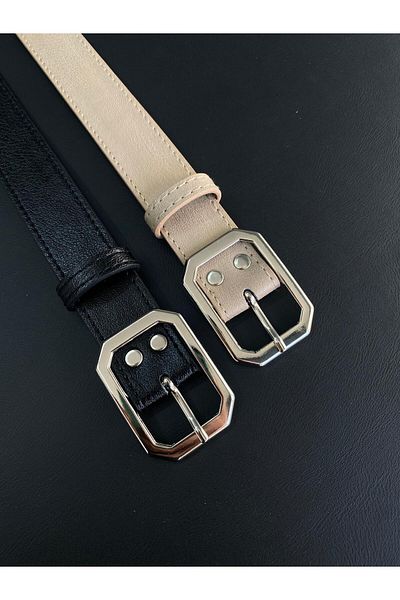 LİA KEMER 2-Piece Square Stitched Silver Buckle Belt Waist Belt Coat Belt Dress Belt Trouser Belt