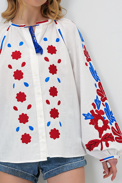 VAGGON Cămașă țesătă brodata cu mânecă cu balon alb pentru femei Prmx13723