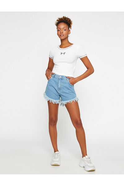 Koton Crop T-Shirt Short Sleeve Printed Crew Neck