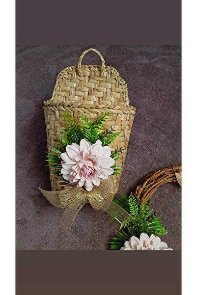 TASARİMECRN Hasır Bohem Kapı Sepeti Gazetelik Posta Kutusu Pembe Çiçekli akse...