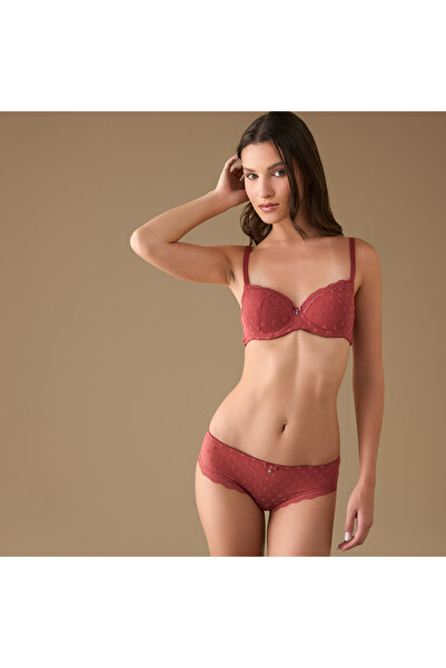 FAV Mesh Textured Bra with Hook and Eye Closure and Lace Detail