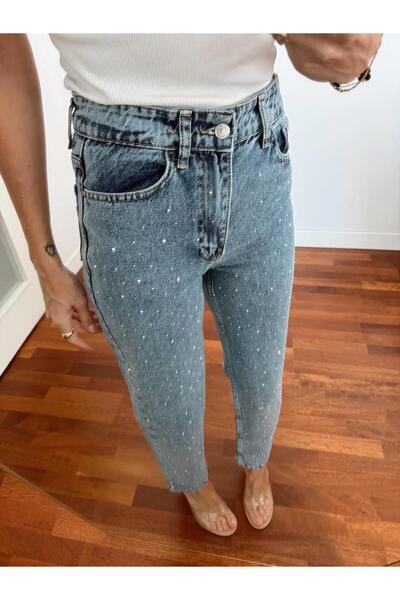 Maldia Shop Women's Stone Detail High Waist Blue Mom Jean 1414