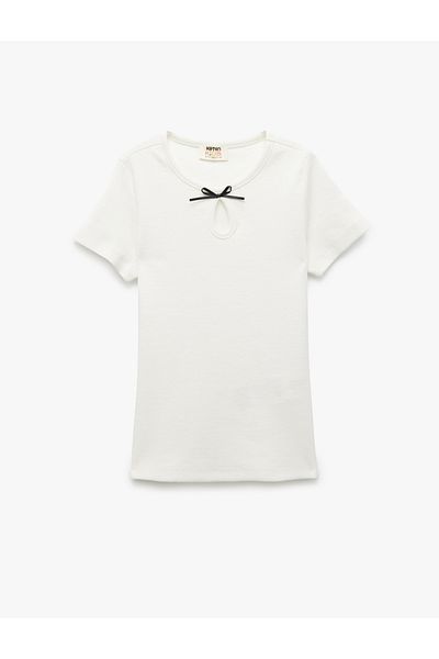 Koton Short Sleeve Crew Neck Cotton T-Shirt with Ribbon Detail