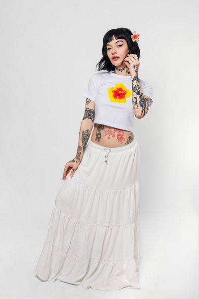 Sekizbiraltı Crop Top Alb - Imprimat Floral Galben