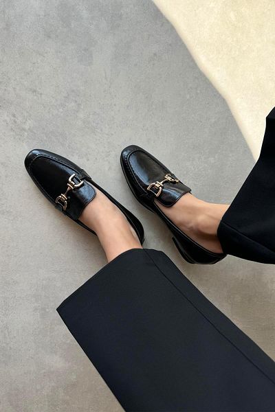 STRASWANS Women's Lena Buckle - Black Wrinkled Leather Ballerinas