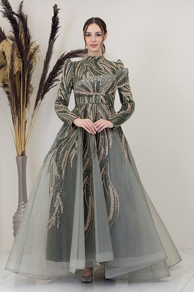 PİENNAR Draped Yaren Evening Dress with Stones on the Front