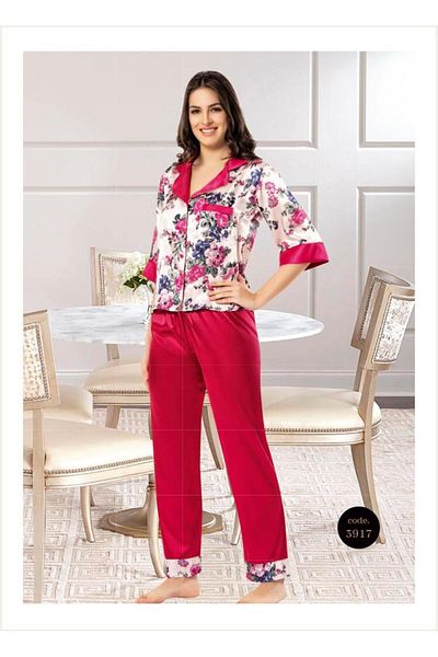 Miss Dünya Lissa Women's Shirt Collar Print Front Button Short Sleeve Satin Pajamas Set