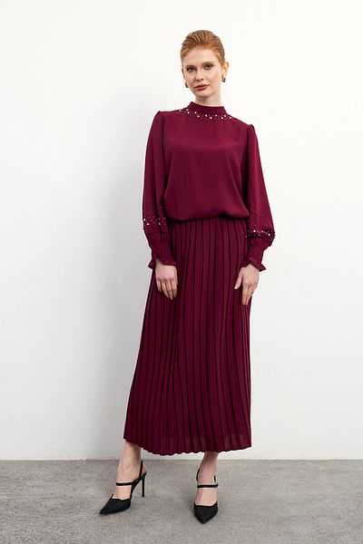 VAVİNOR Valeria Skirt Blouse Set - Burgundy