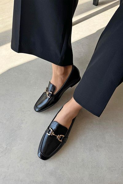 STRASWANS Women's Lena Buckle - Black Wrinkled Leather Ballerinas