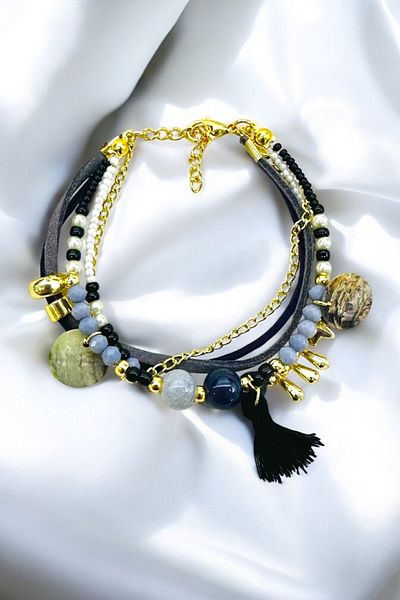 PETEK AKSESUAR ETHNIC BOHEM MULTI BRACELET NATURAL GRAY PURPLE