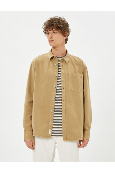 Koton Canvas Shirt - Lapel Pocket, Buttoned Label Cotton with Detail