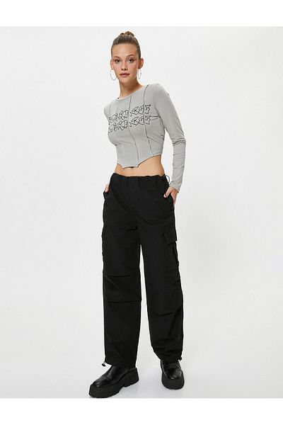 Koton Long Sleeve Crop T-Shirt Asymmetric Cut Corset Look