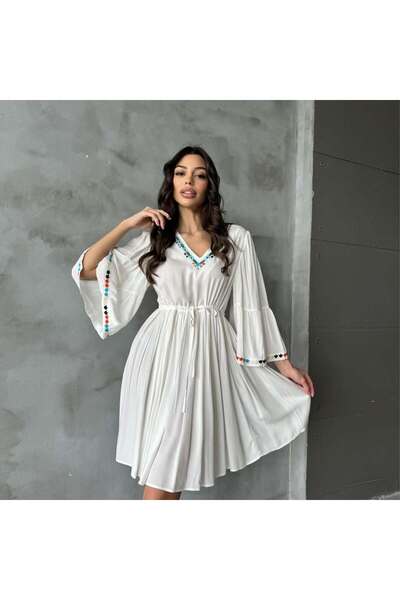 solena sln Kadın V yaka Nakışlı Bohem Yazlık Elbise