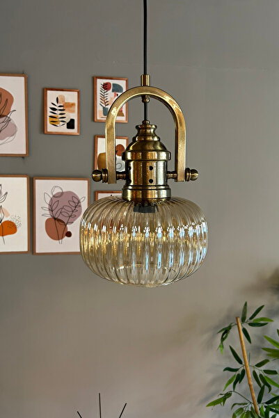 Bamyum Mola Cam Bal Rengi Tekli Avize Delikli Eskitme Başlık Retro Sarkıt Lamba Restoran Salon Aydınlatma