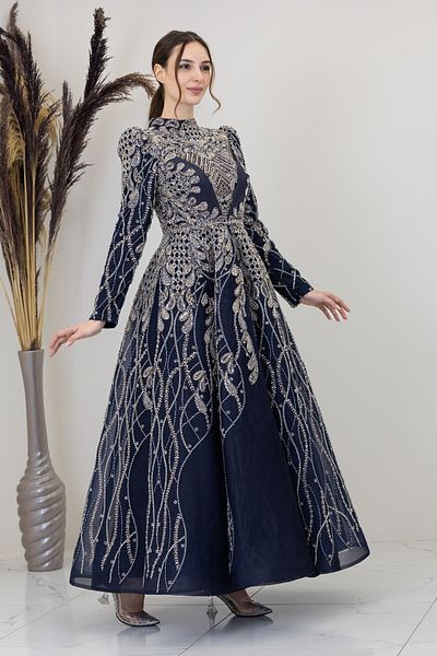 PİENNAR Applique Embroidered Leaf Evening Dress
