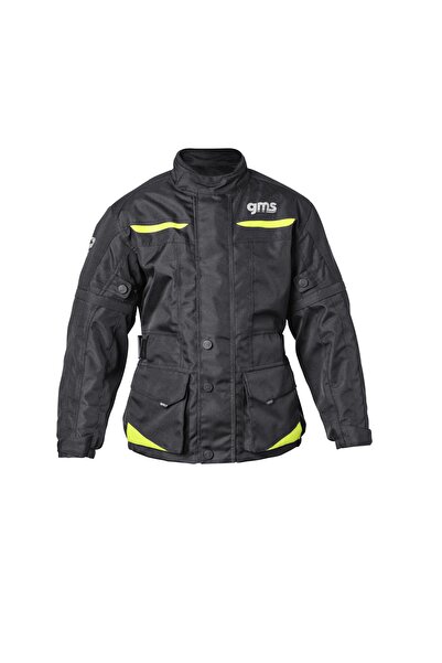 GMS GEAR Korumalı Çocuk Motosiklet Montu Siyah  Neon Sarı - Su ve Rüzgar Geçirmez