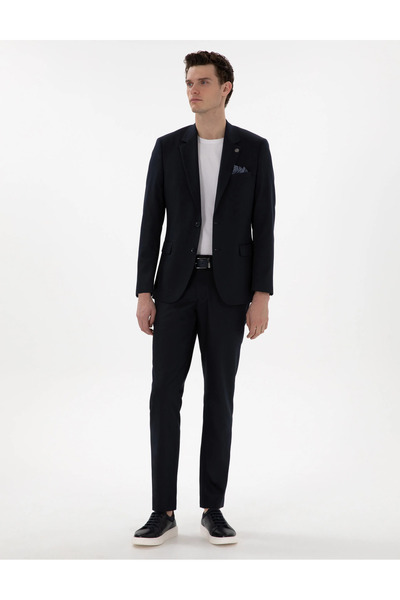 Pierre Cardin PİERRE CARDİN DOKUMA KENDİNDEN DESENLİ SLİM FİT LACİVERT TAKIM ELBİSE