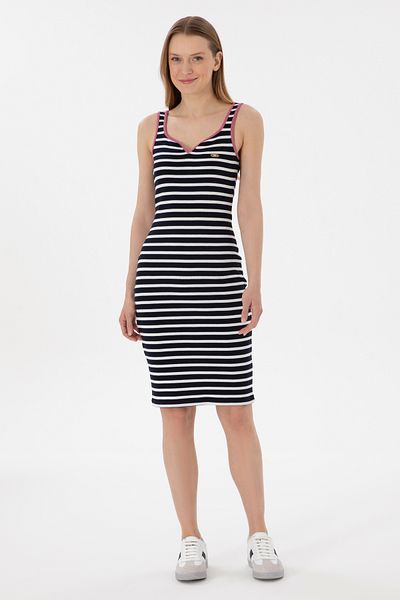 U.S. Polo Assn. Women's Navy Blue Striped Sleeveless Midi Length Knitted Dress 50300750-Vr033