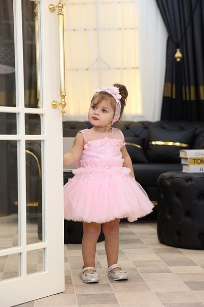 MİSS RAİN Gathered Star Patterned Embroidered Tulle Baby Girl Dress