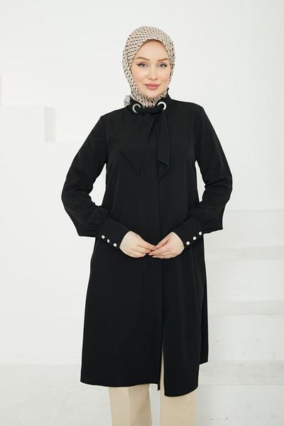 Armine Hidden Button Tunic with Belted Collar - Black