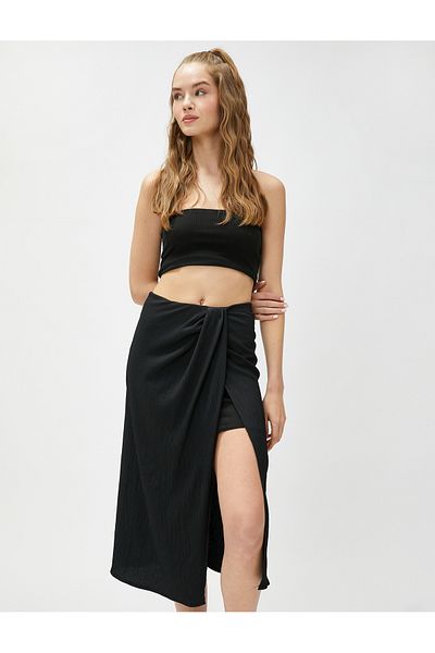 Koton Midi Skirt Draped Slit Lined Textured