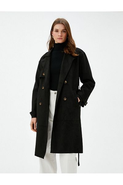 Koton Double Breasted Cut Trench Coat - with Buttons and Belted Pockets