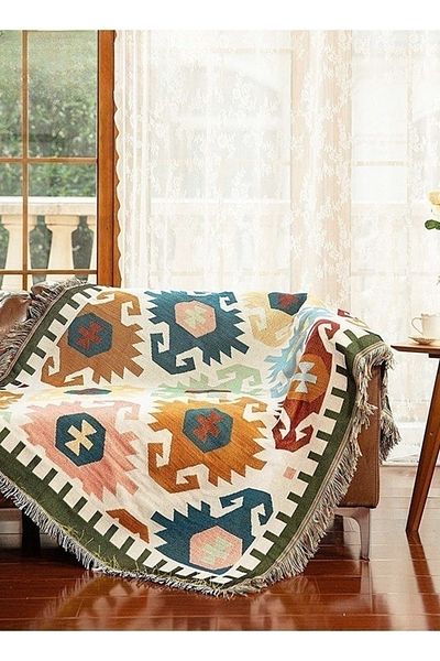 COOYA Sofa Throw Blankets,Boho Geometric Reversible Woven Blanket With Tassel, 180x130cm
