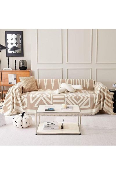 COOYA Sofa Slipcover, 3 Seat Boho Soft Non-Slip Washable Couch Throw Blanket with Tassel, Beige 180x260cm