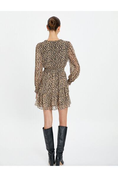 Koton Chiffon Dress Leopard Pattern Balloon Sleeve V-Neck