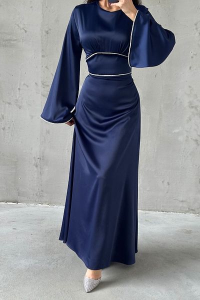 LEYUZE BUTİK Βραδινό φόρεμα Hijab με μανίκια και μέση με μαργαριταρένια πέτρα με λεπτομέρειες