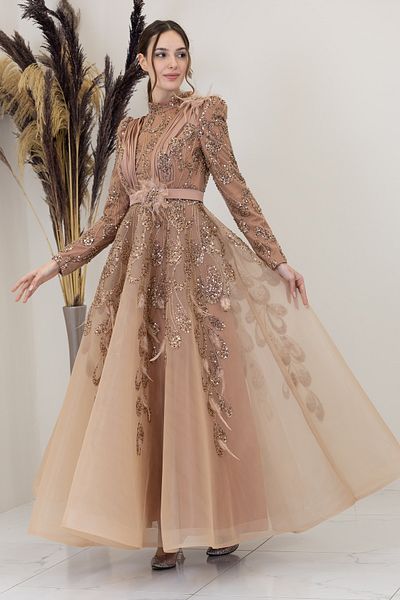 PİENNAR Icon Evening Dress with Tulle Detail on the Shoulders and Waist
