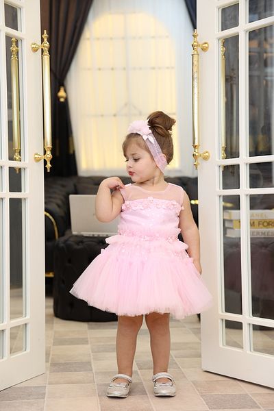 MİSS RAİN Gathered Star Patterned Embroidered Tulle Baby Girl Dress