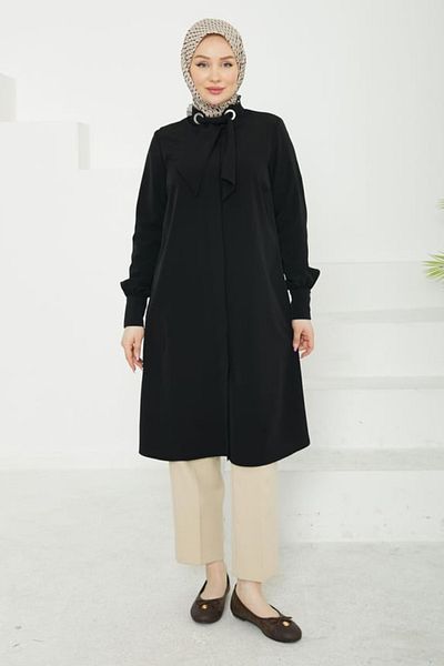 Armine Hidden Button Tunic with Belted Collar - Black