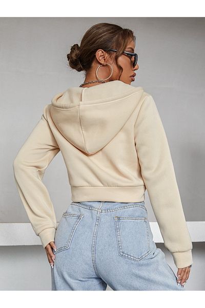 Jooy Company Ζακέτα Crop με κουκούλα με 3 νήματα σε μπεζ στάμπα
