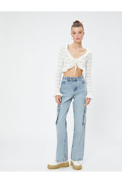 Koton Madonna Collar Blouse Crop Openwork Tie Detail V Neck Ruffled