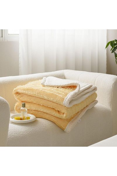 COOYA Soft Warm Fleece Flannel Tassel Throw Blanket, King Size, For Bed Sofa Couch Naps, Yellow 200x230cm