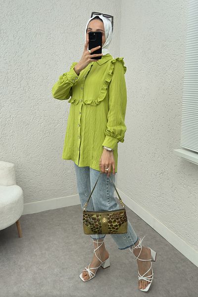 Salih Çelebi Βολάν Λεπτομερές Hijab Tunic 2235 - ΠΡΑΣΙΝΟ