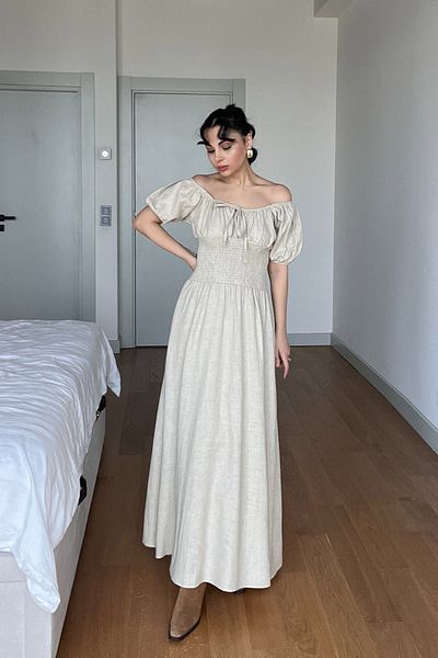Seda Yalçın Atelier Beige Short Sleeve Dress with Gimped Front