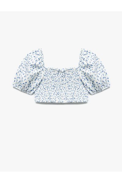Koton Square Neck Balloon Sleeve Gimped Floral Patterned Crop Blouse