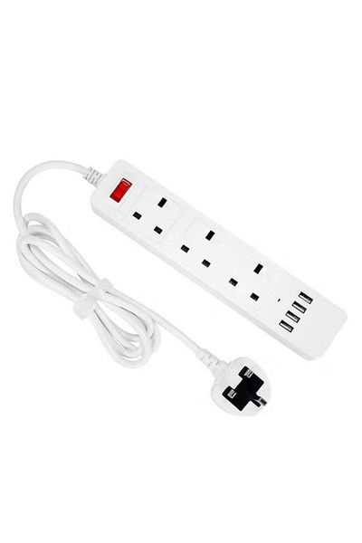 fulina شريط طاقة، 3 مقابس، 4 مقابس USB، مع حماية من الحمل الزائد، سلك تمديد بطول 2 متر