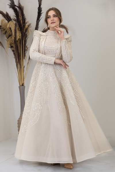 PİENNAR Draped Front Shoulder Beaded Padded Lion Evening Dress