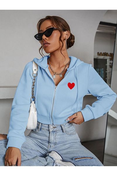 Jooy Company Heart Printed Baby Blue 3 νημάτων με κουκούλα Crop Cardigan Jacket