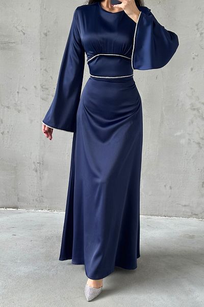 LEYUZE BUTİK Βραδινό φόρεμα Hijab με μανίκια και μέση με μαργαριταρένια πέτρα με λεπτομέρειες
