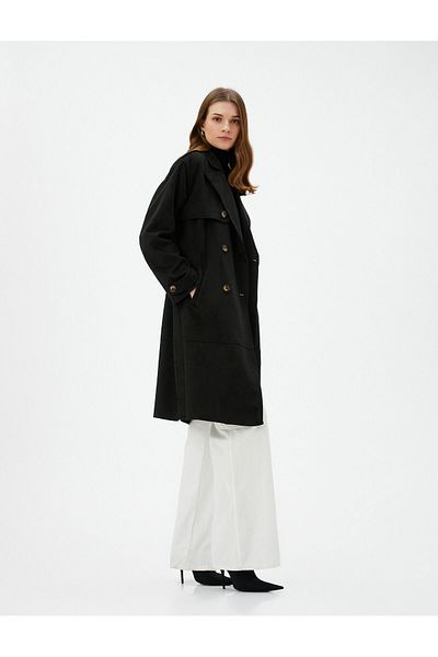 Koton Double Breasted Cut Trench Coat - with Buttons and Belted Pockets