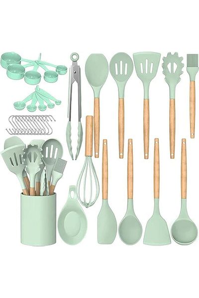 COOYA 33-Pieces Silicone Kitchen Utensils Set, Wooden Handle, Heat Resistance, Nonstick, Gadgets Sets